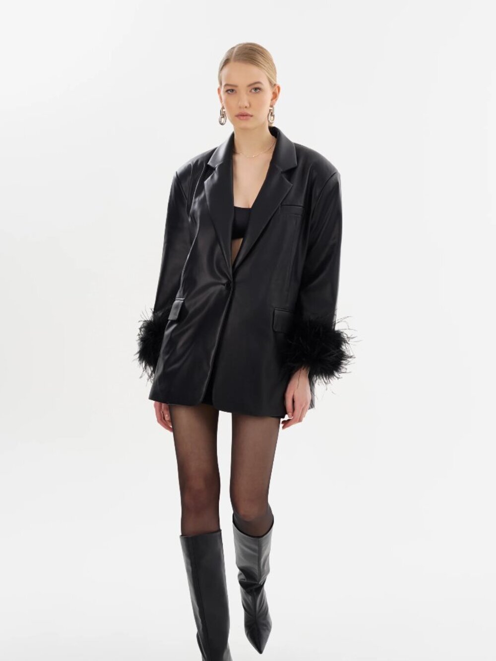 LAMARQUE Galia Black Faux Leather Feather Trim Oversized Blazer, Size XS/S